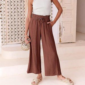 NWT ANRABESS Linen Capri Pants Casual Loose High Waist Drawstring Wide-Leg